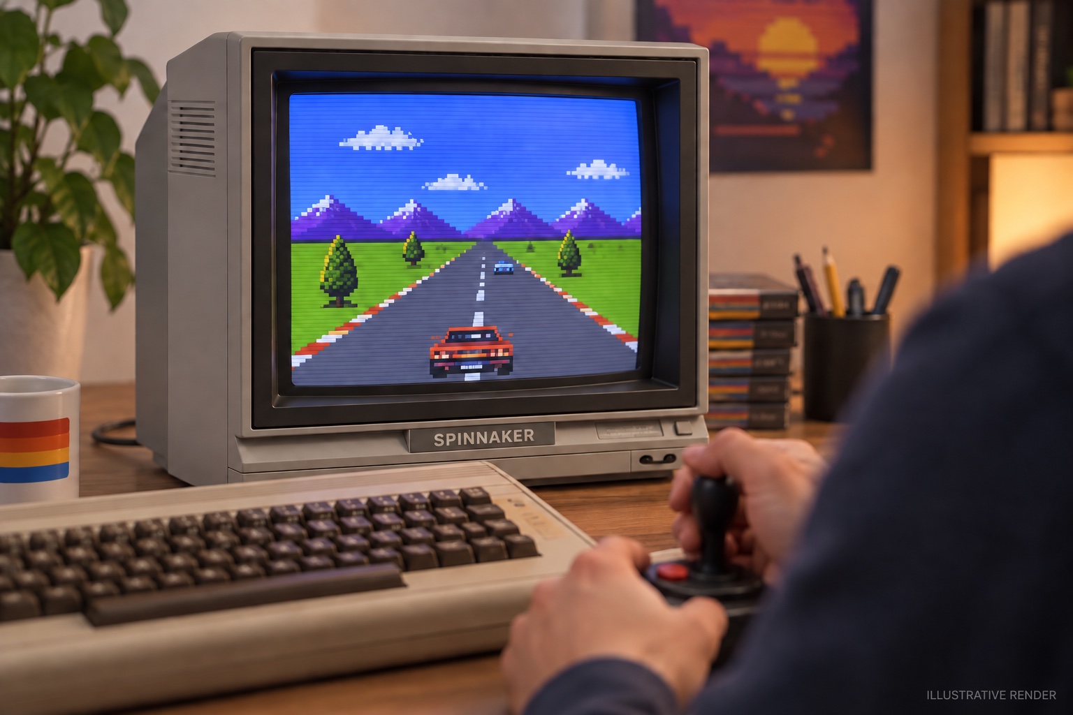 Illustrative view of a person holding a joystick beside a Spinnaker monitor displaying a pixel racing scene