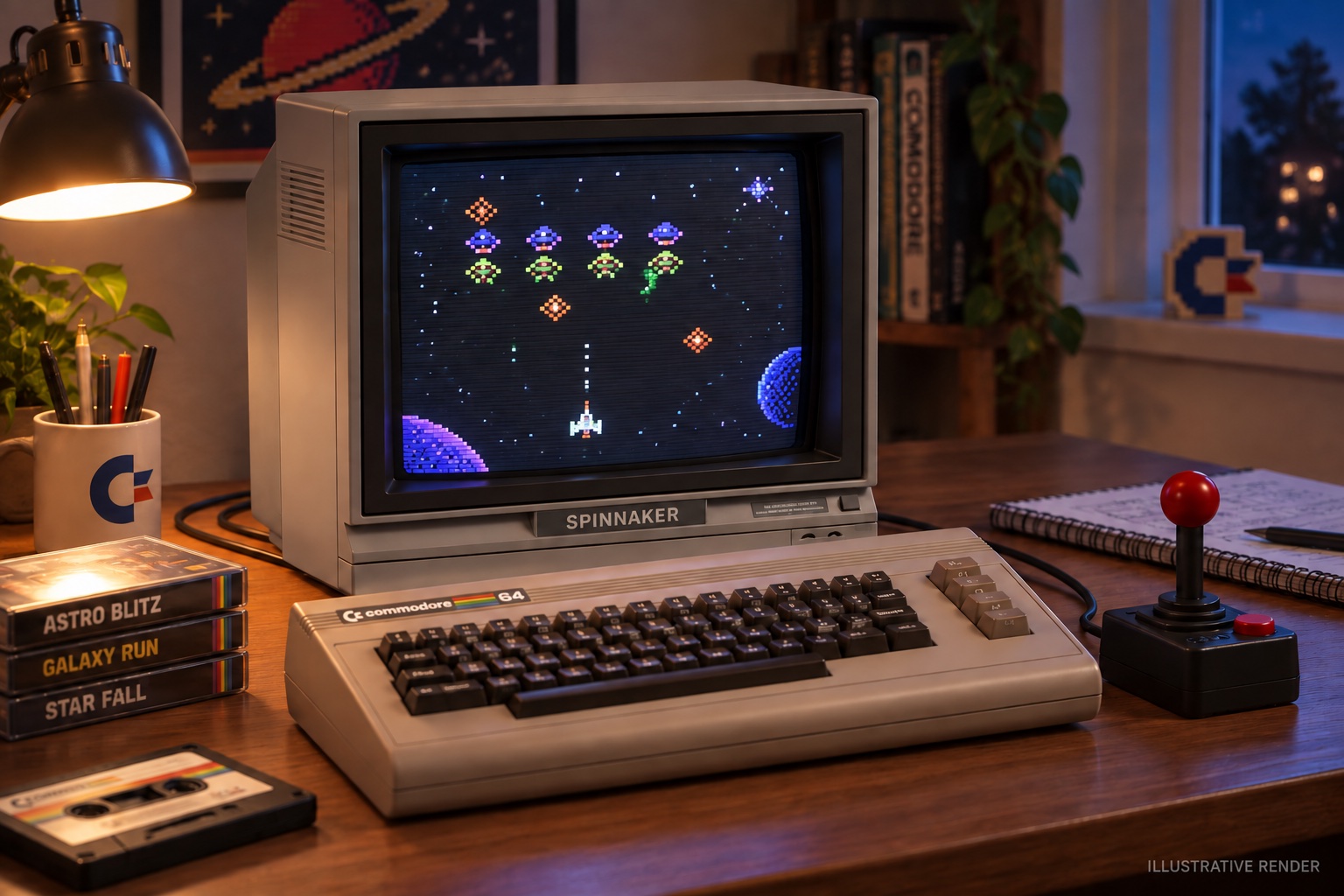 Illustrative Spinnaker monitor on a warmly lit retro desk with a keyboard and joystick