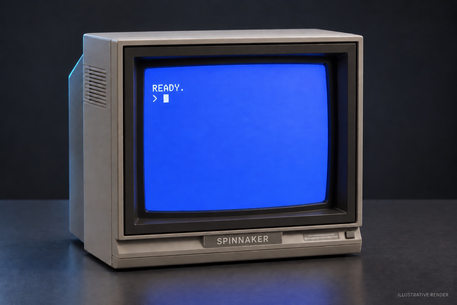 Illustrative Spinnaker monitor studio view with a blue READY screen