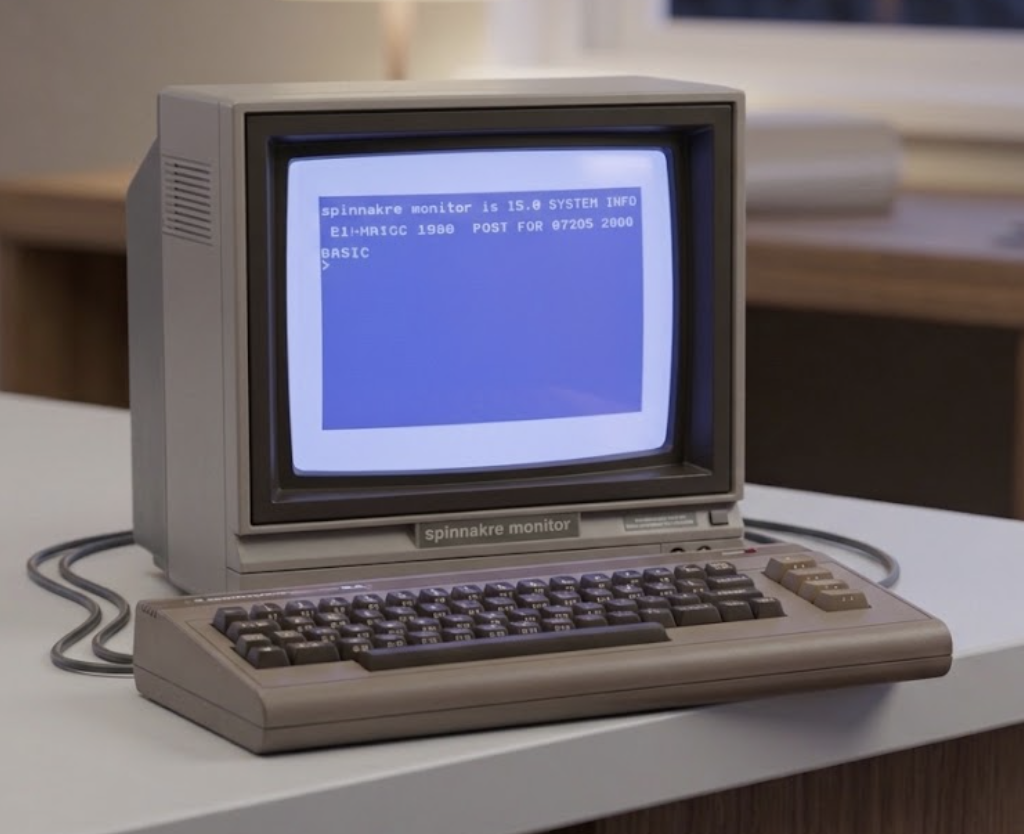 Illustrative Spinnaker retro monitor setup with a Commodore-style keyboard and blue BASIC screen