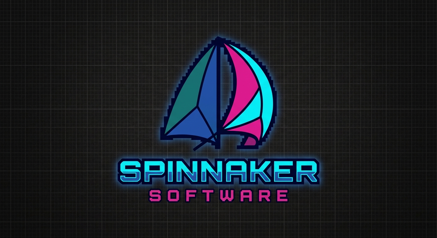 Spinnaker Software neon sailboat logo in cyan, magenta, and blue
